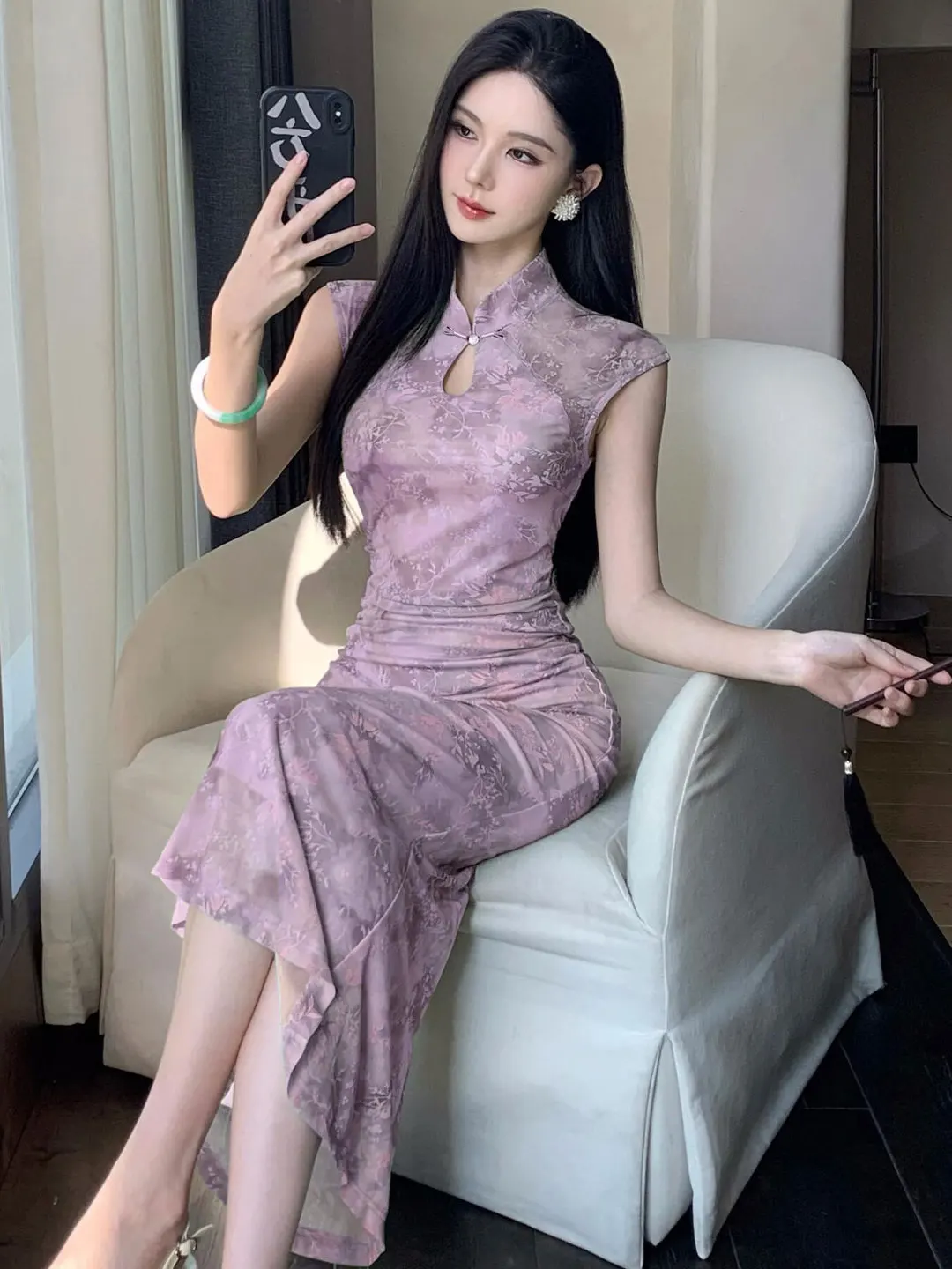 

Elegant Purple Slim Fit Qipao Dress Retro Chinese Style Long Skirt Beautiful Summer Fashion Women's Clothing High Waist Hollo...