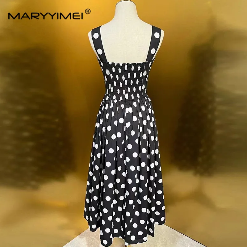 MARYYIMEI Summer Women's Dress Cotton Square-Neck Spaghetti Strap Backless Dot Print High Waisted Pleated Dresses