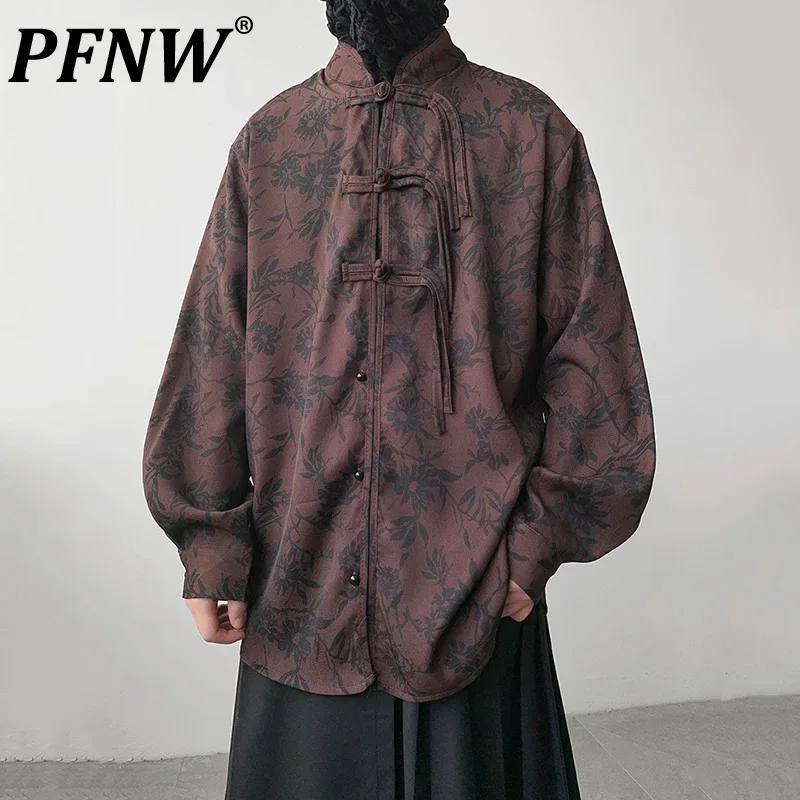 PFNW New Fashion Male Shirts Casual Printing Knot Button Tops Stand Collar Long Sleeve Men\'s Clothing Chinese Style 12C291