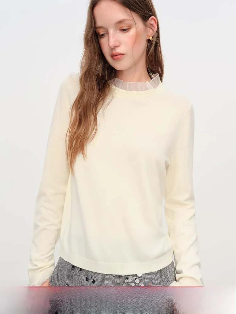 

Femslan Knitted Base irt Women's f High Collar Splice Design Wood ain Ruffle Soft Warm Polyester Fiber Long Sve