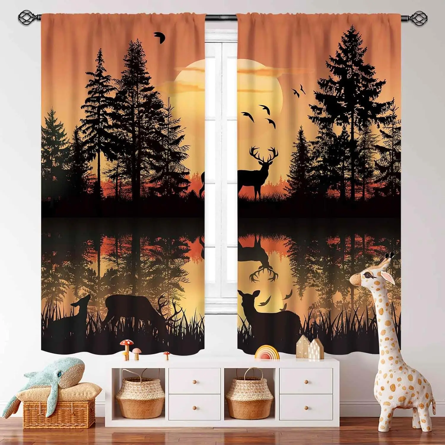 Forest Cabin Kitchen Curtains,Farmhouse Country Wild Animal Deer Vintage Orange Misty Forest Nature Mountain Window Treatments