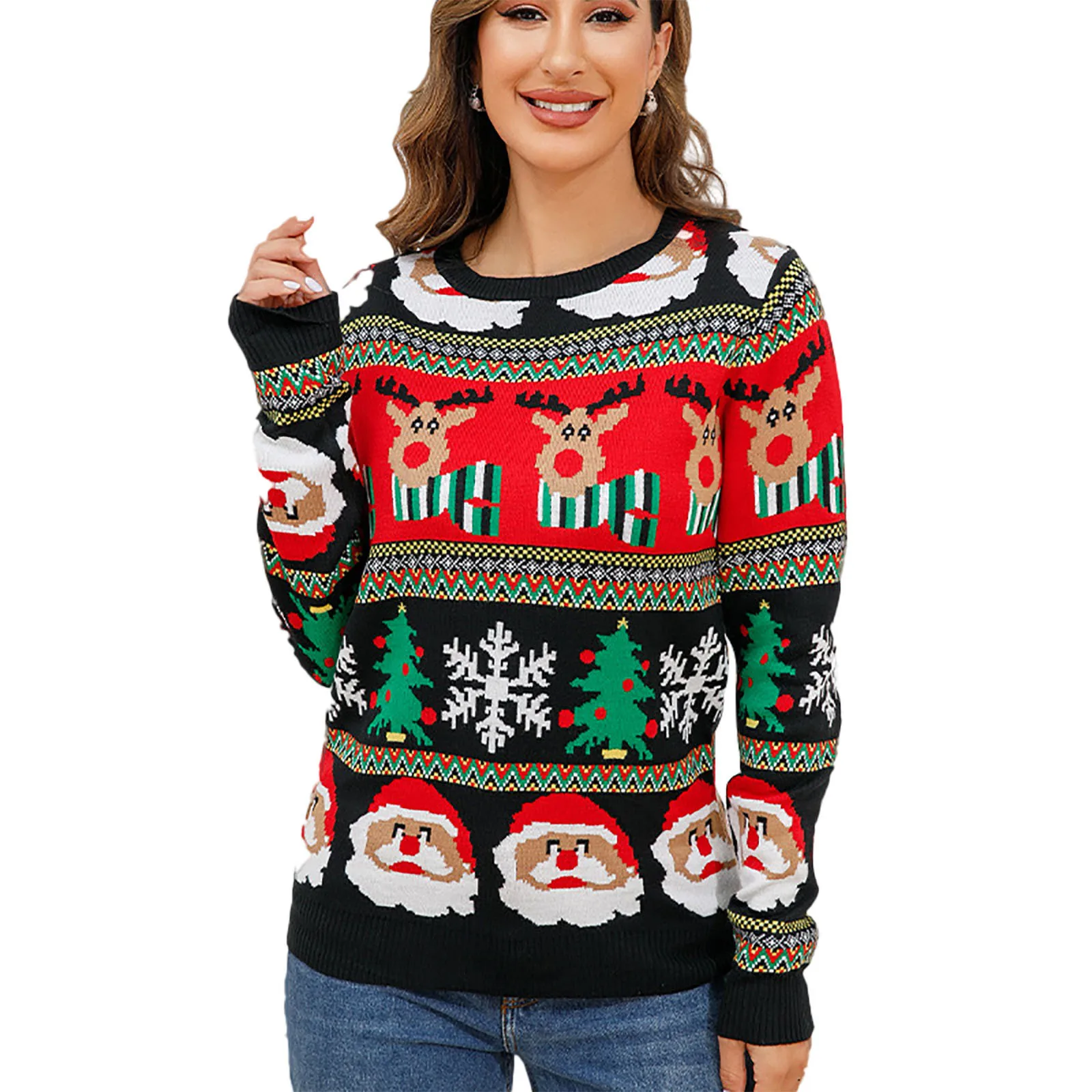 Ugly Christmas Sweater Women Cartoon Pattern Long Sleeve Knitted Pullover Xmas Jumper Autumn Winter Long Sleeve Pullover Sweater