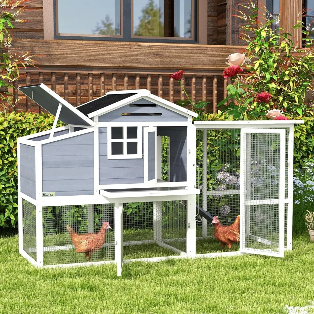 

76 Wooden Chicken Coop, Outdoor Chicken House Poultry Hen Cage with Outdoor Run, Nesting Box, Removable Tray and Lockable