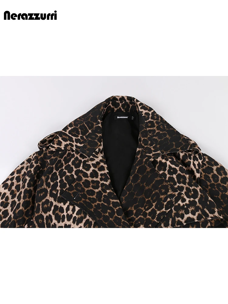 Nerazzurri Autumn Extra Long Oversized Leopard Print Trench Coat for Women with Back High Slit Double Breasted European Fashion