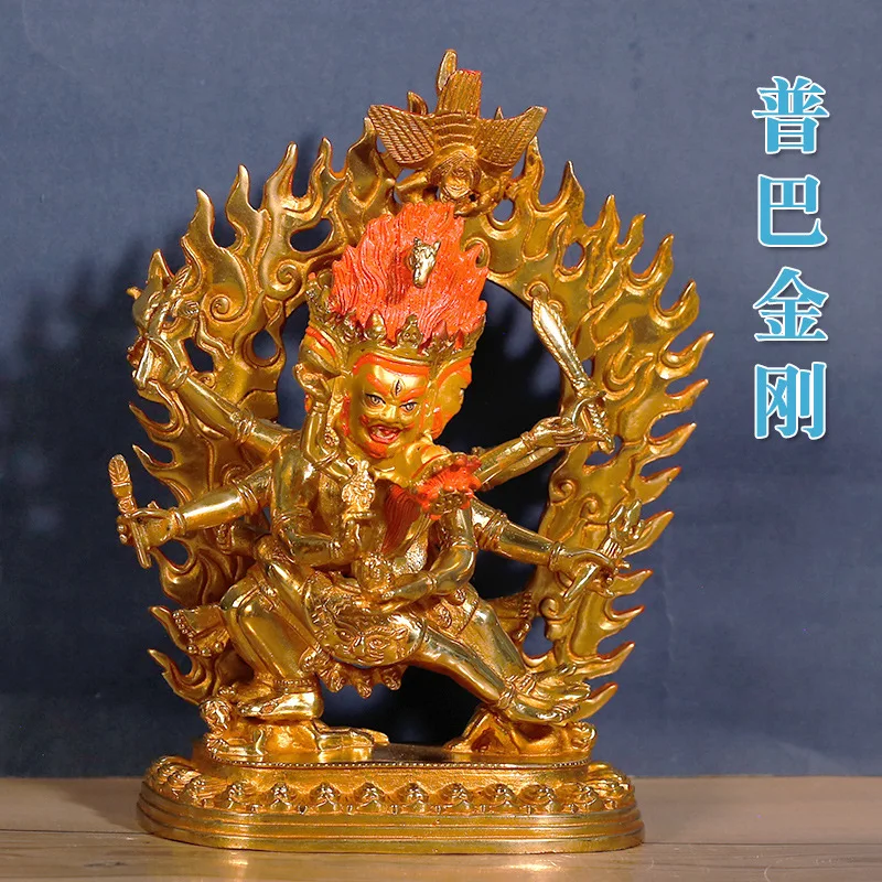 Tibetan-style gilded brass statue of the Prajna Vajra Buddha with a back, brightly painted, featuring a horse-headed Mingwang gu