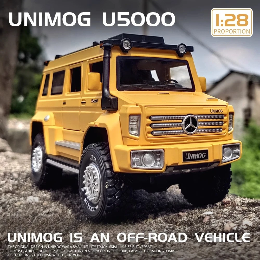 

Масштаб 1/28 UNIMOG U5000 SUV X-Class 6X6, игрушечная модель автомобиля, литой под давлением автомобиль из сплава, 6 дверей, открытый звук, свет, откатный подарок для детей