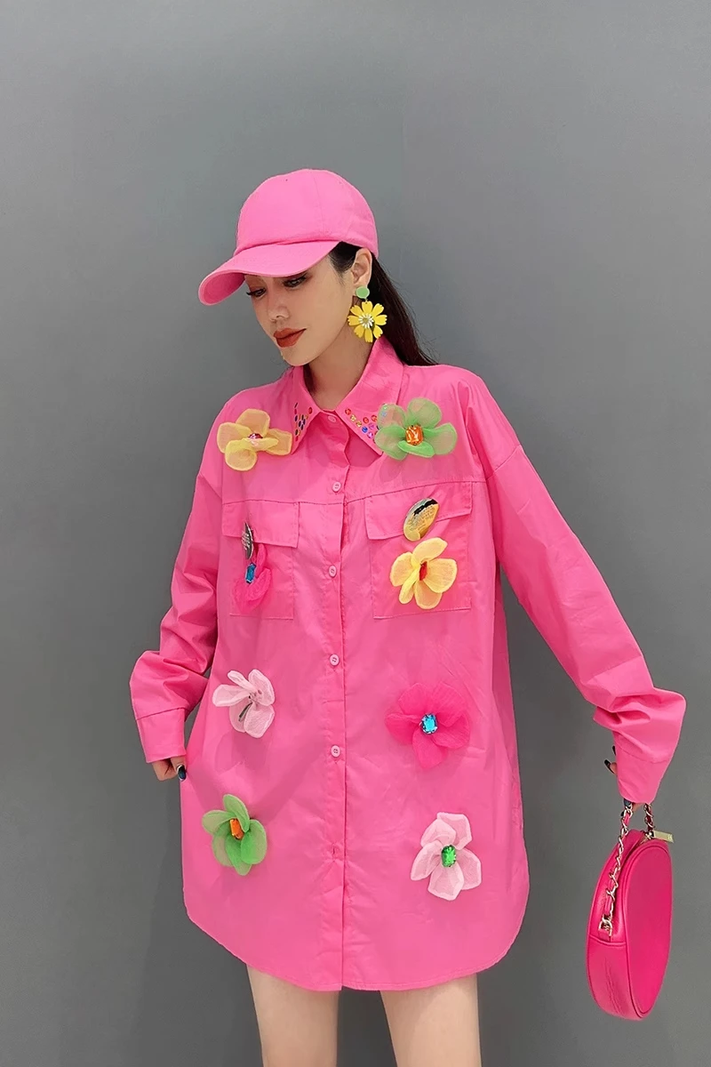 Women's 2025 Spring New Long-sleeve Cotton Shirts Three-dimensional Flower Decoration Cute Tops Fashion Loose Women's Clothing
