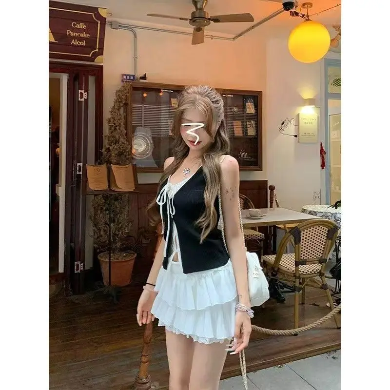 Slim Fit Sexy 2026 Socialite Temperament Slightly Transparent Lace Up V-neck 2 Piece Lace Knitted Sleeveless Vest