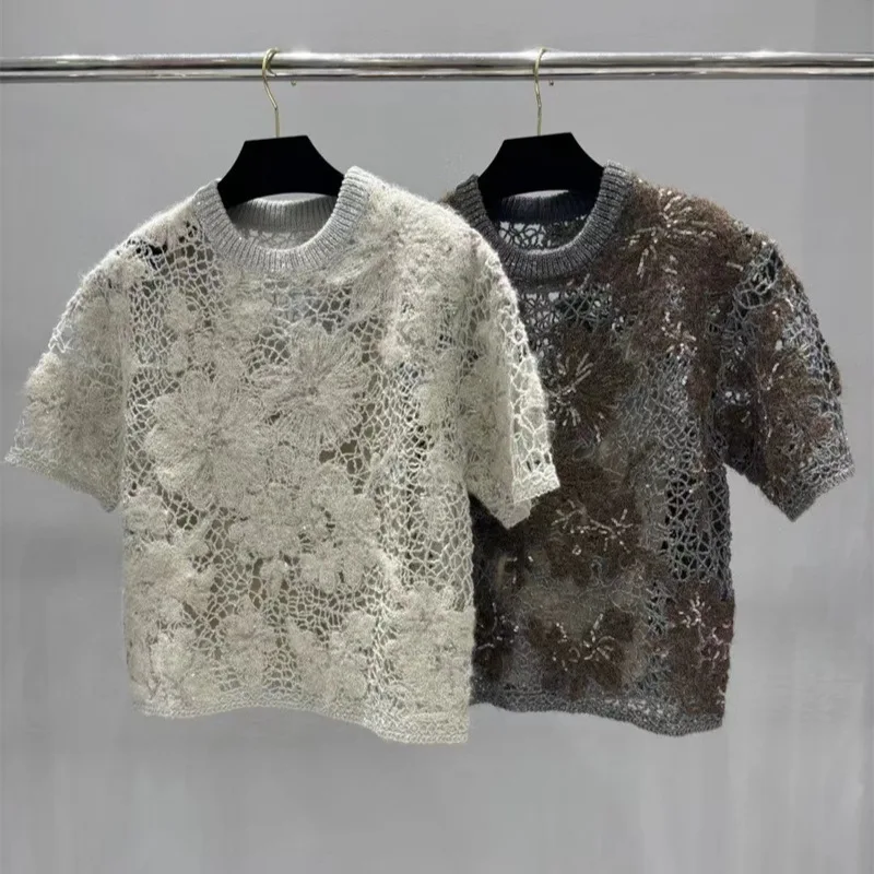 Women's 2026 Autumn/Winter New Embroidered Flower sequin Knitted Short Sleeve Top with Interior Cutout Sweater