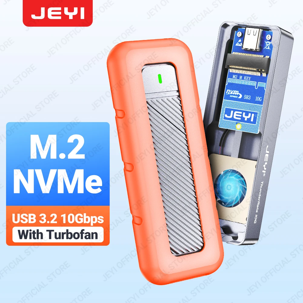 JEYI M.2 NVMe SSD Enclosure with Turbo Fan, USB C 3.2 Gen 2 10 Gbps NVME External Solid State Drive With Silicone Protector Case