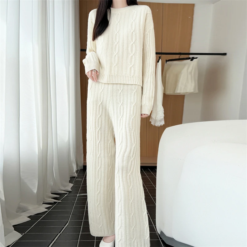 Autumn Winter 100% Merino Wool Sweater Cable Jacquard O-Neck Long Sleeve Knit Sweater Wide Leg Pants 2-Piece Set Lazy Casual