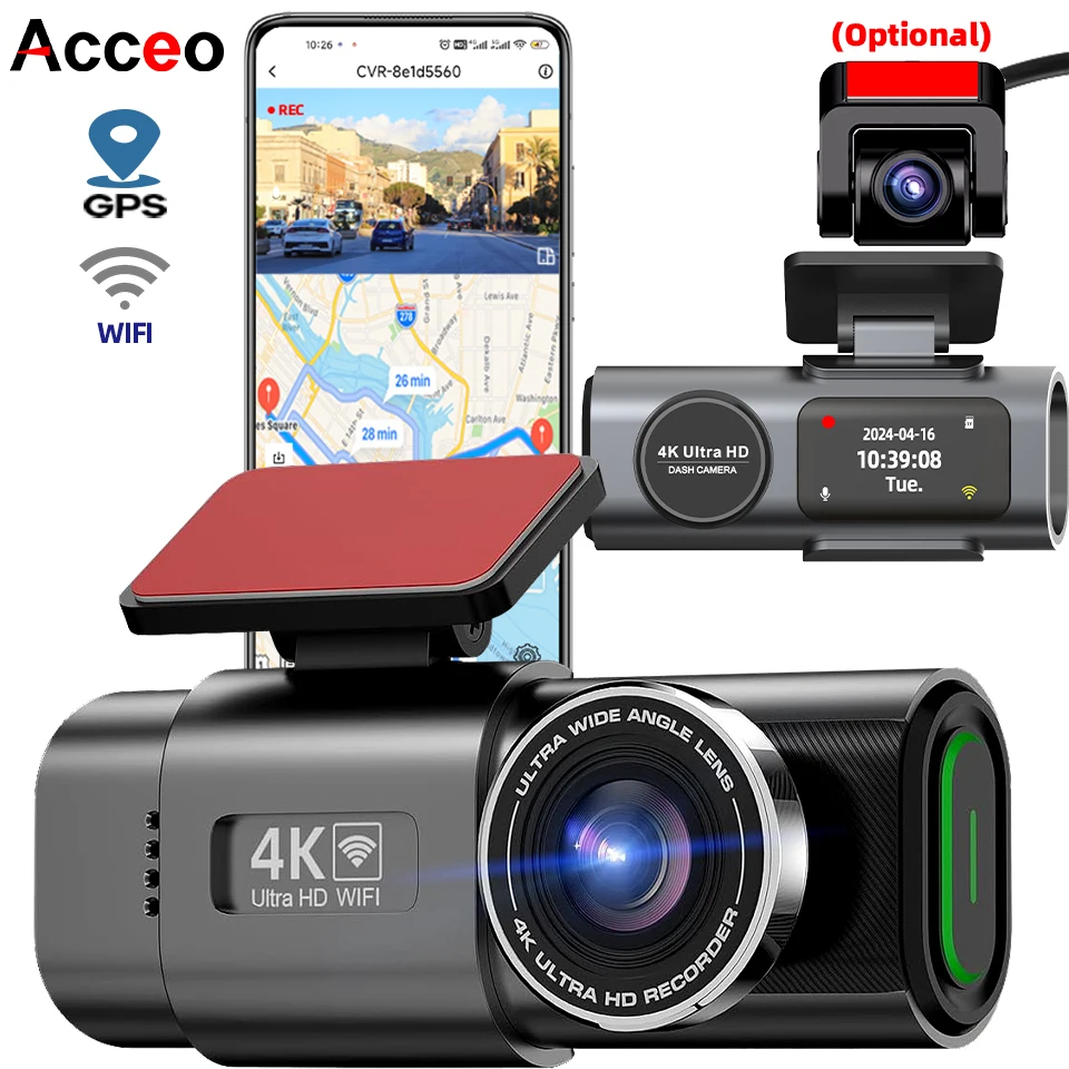 Caméra de tableau de bord double objectif 4K UHD, enregistrement de voiture, DVR, Vision nocturne, enregistreur vidéo, Wi-Fi intégré, Support GPS 24H pour stationnement