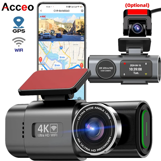 Kamera samochodowa Dash Cam 4K UHD z nagrywaniem DVR, noktowizor, rejestrator wideo, wbudowane Wi-Fi, obsługa GPS, monitoring parkowania 24H