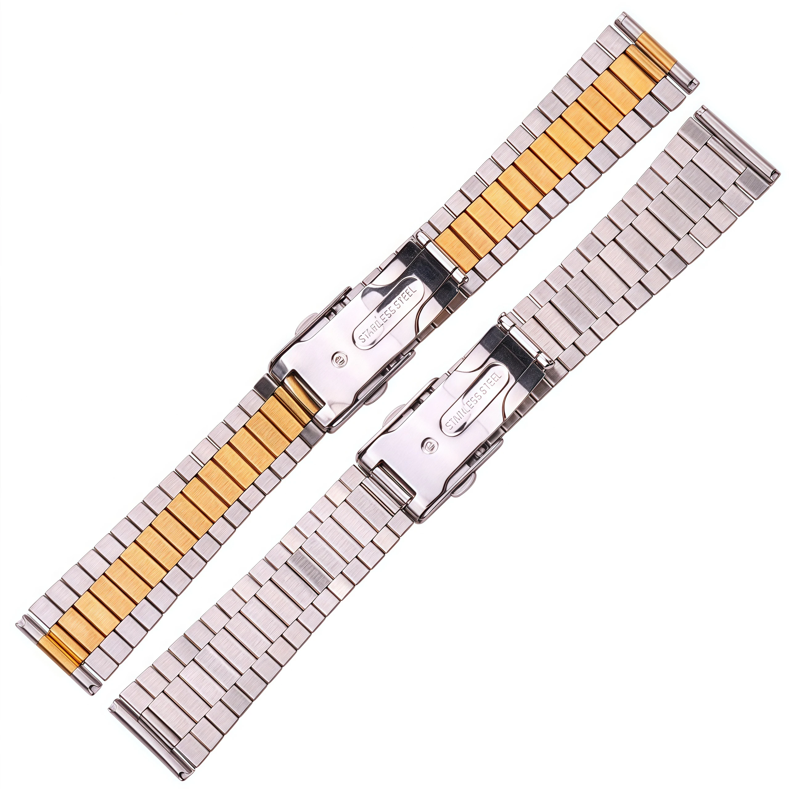 Solid Stainless Steel Bracelet Strap Silver Gold Watchband 14mm 16mm 18mm 20mm Metal Double Clasp Men Women Watch Band
