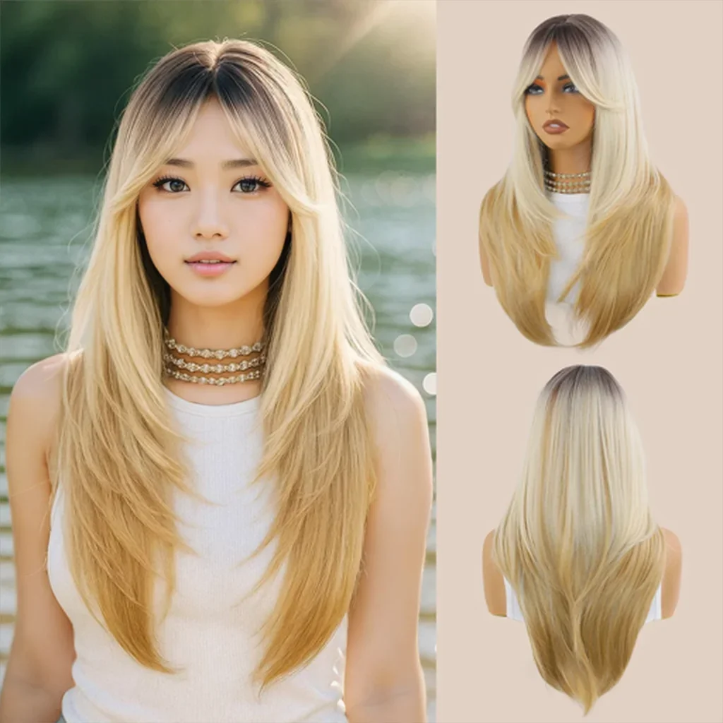 High-Level Golden Ombre Synthetic Straight Hair/Wavy Hair Is A Natural And Heat-Resistant Wig Suitable For Women'S Daily Parties