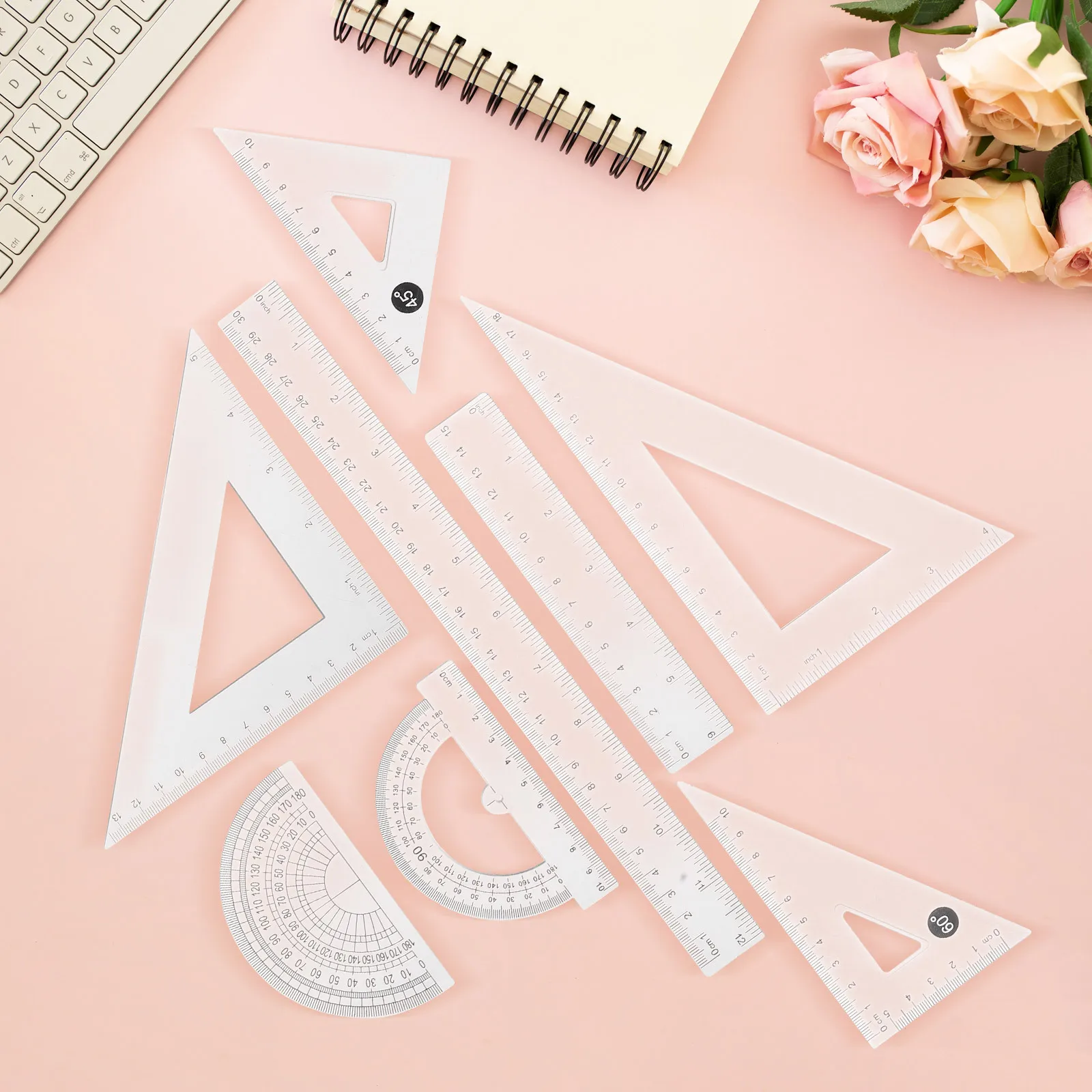 8Pcs Transparent Geometry Ruler Set Clear Plastic Protractor Triangle Straight Rulers for Students School Measuring Drawing