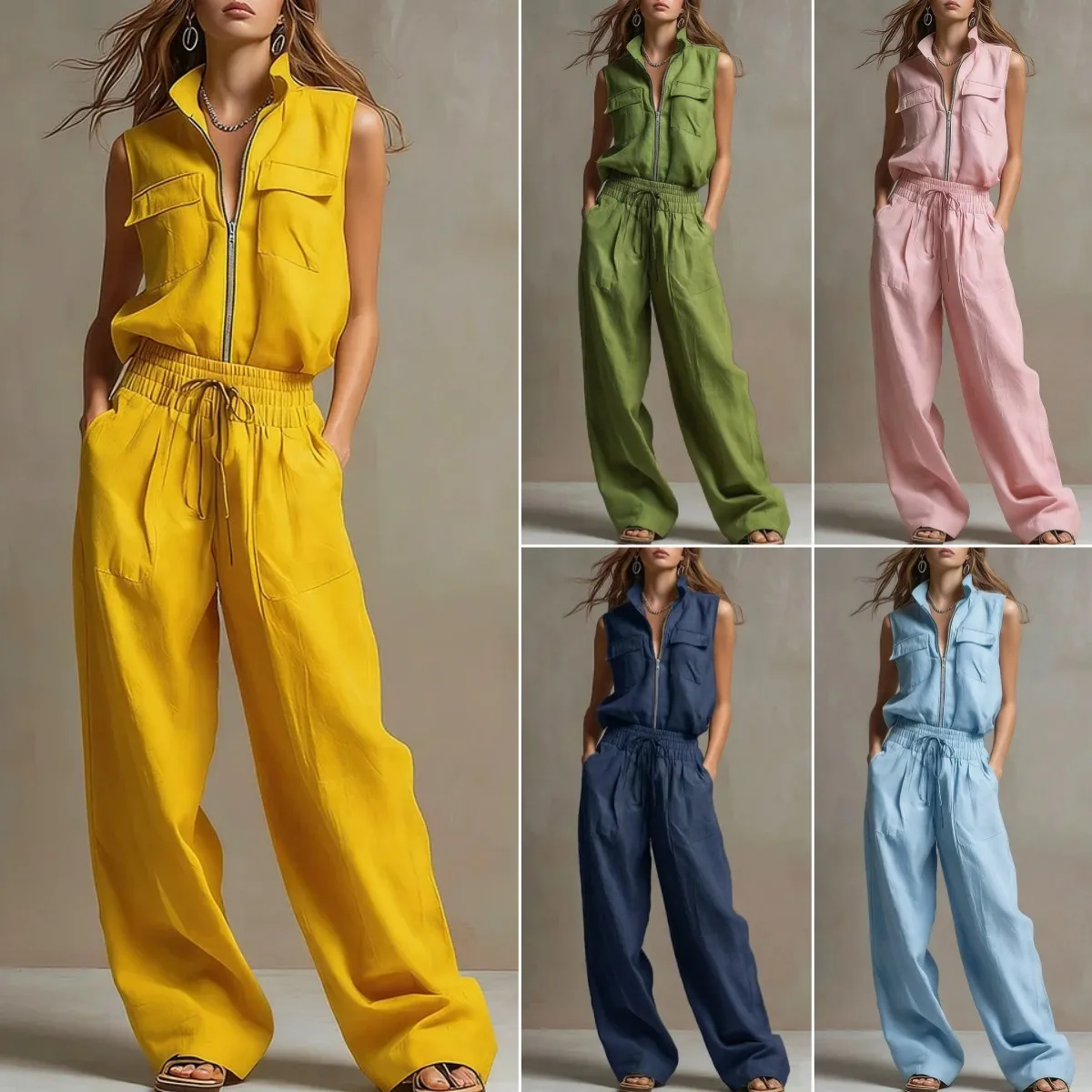 Women 2 Piece Outfits Sleeveless Zip Up Top and High Waist Drawstring Wide Leg Pants Summer Casual Lounge Set