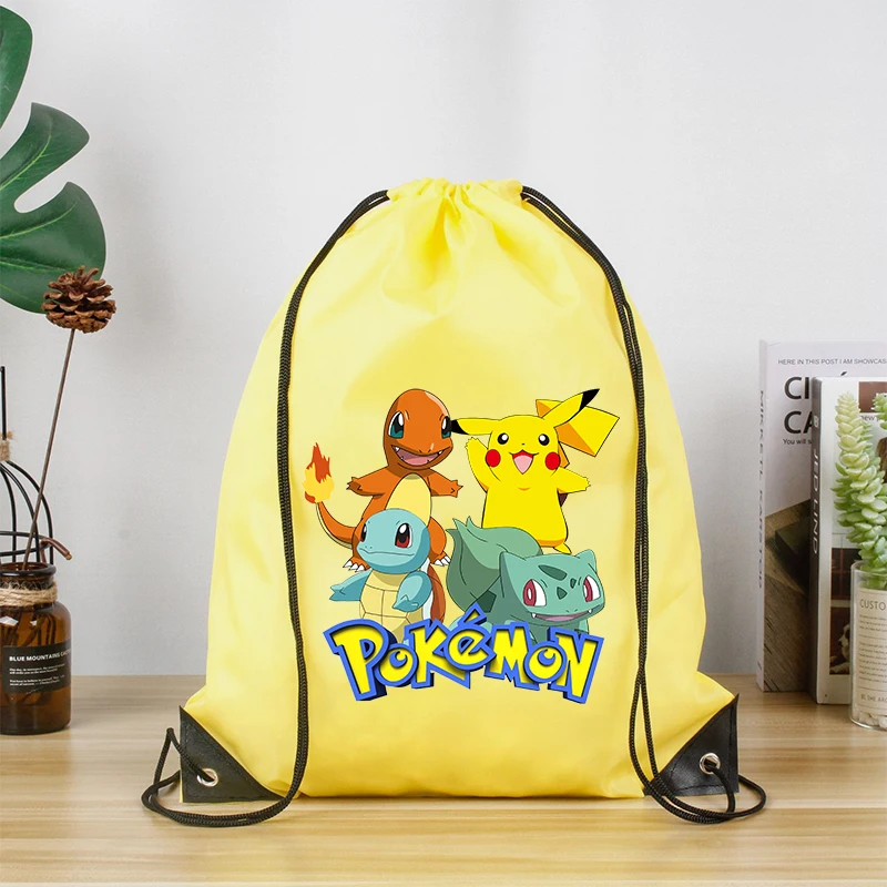 Pok É Mon Drawstring Backpack Anime Character Print Polyester Handbags Cartoon Portable Large Capacity Waterproof Storage Bags