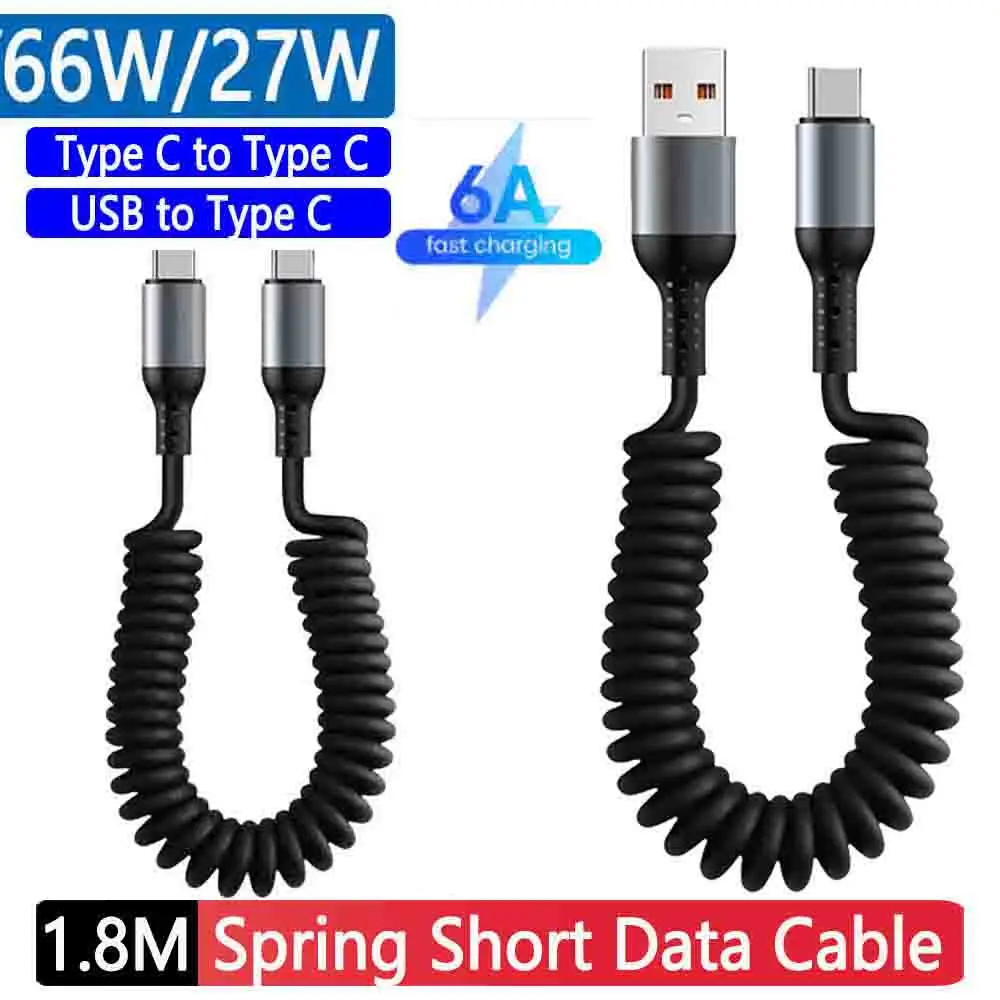 27/66W USB Type C Fast Charging Data Cord 6A Spring USB Cable USB C To Type C Cable Telescopic Fast Charging Wire Cord