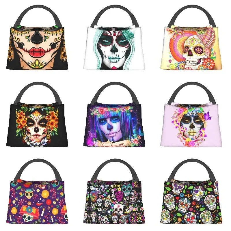 Sugar Skull Mexican Thermal Insulated Lunch Bags Day Of The Dead Portable Lunch Container for Outdoor Camping Meal Food Box