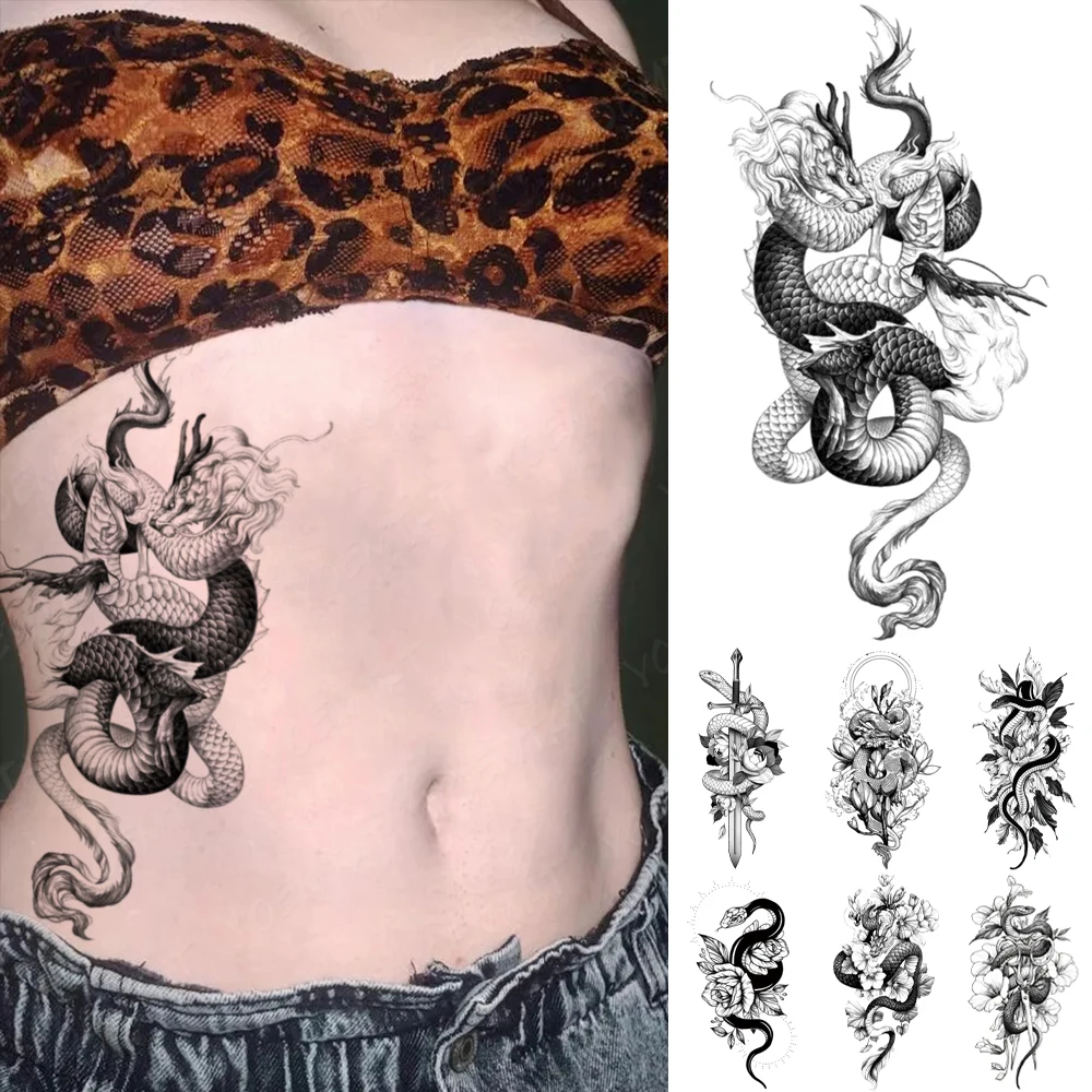 Dragon Transfer Waterproof Temporary Tattoo Sticker Black Snake Peony Rose Flowers Flash Tatto Arm Body Art Fake Tatoo Women Men