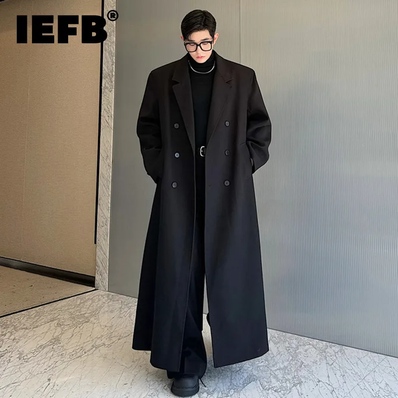 IEFB Korean Design Men\'s Trench Webbing Patchwork Back High Slit Double Breasted Solid Color New Trendy Male Windbreakers 9C7728