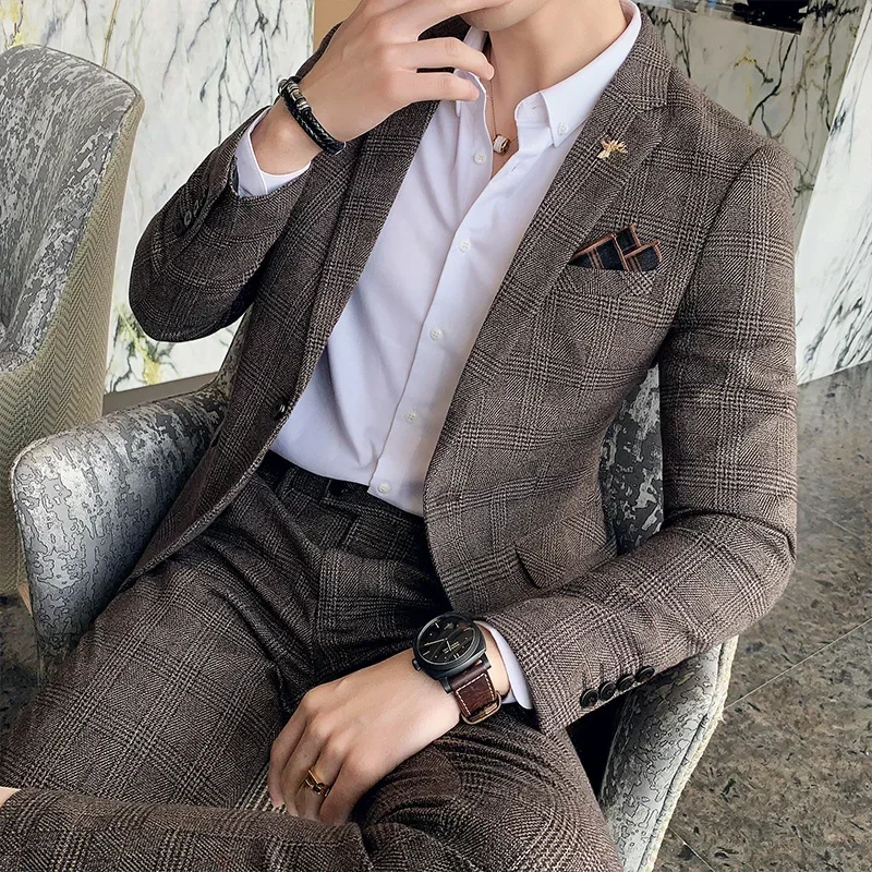 British Style High-quality Slim Fit Checkered Suit Two-piece Set (suit+pants) Groom\'s Party Dress Suit High-end Business Suit