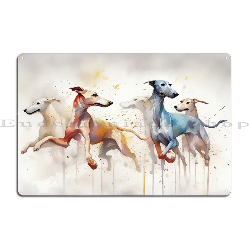 Greyhounds Running With Misty Splash Paint Background Metal Plaque Poster Wall Decor Designing Living Room Club Tin Sign Poster