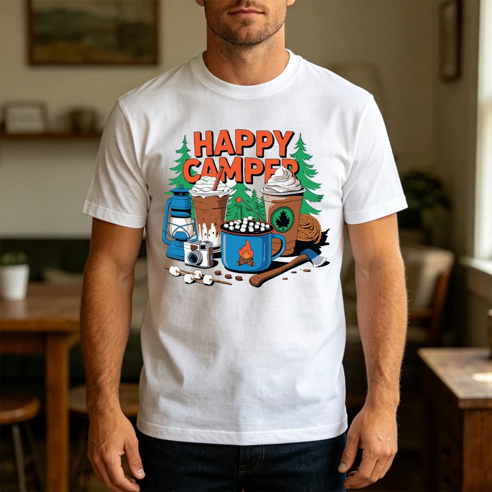 Happy Camper Gear Coffee Axe Lantern Graphic Men T Shirt Camping Lifestyle Tee Nature Outdoor Vacation Top
