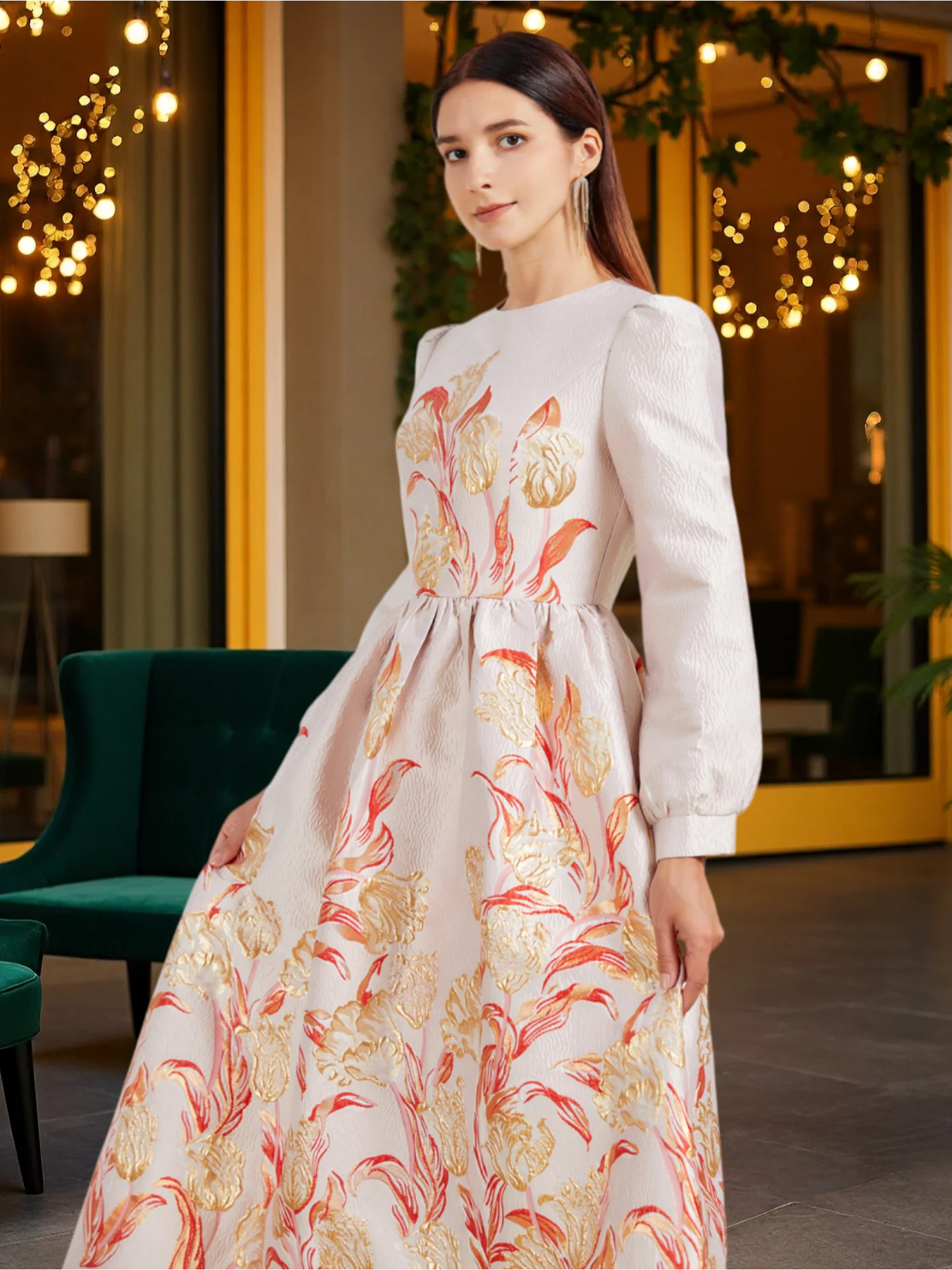 Robe Jacquard en Jacquard pour l'industrie lourde, nouveau Style, col rond, ligne a, Orange, or, florale, élégante, pour Banquet, automne-hiver