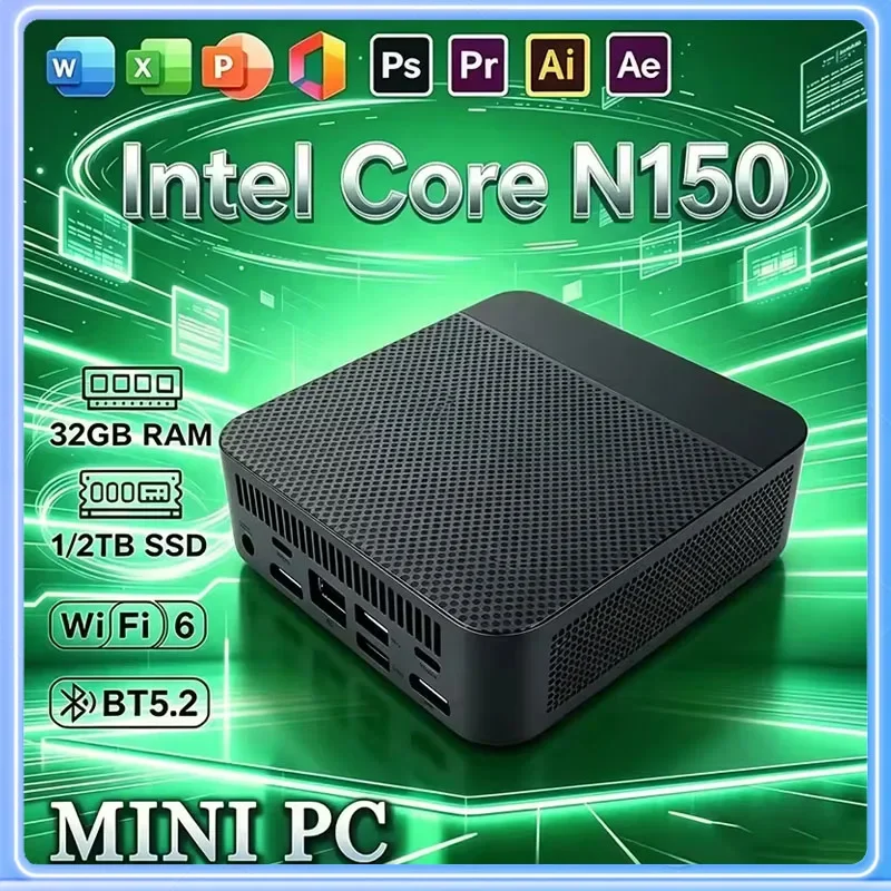 New Portable Mini PC Intel N150 Mini PC High‑Performance 32GB RAM 1TB 2048GB SSD WIFI6 BT5.2 4K 60Hz HD Gaming Office Study PC