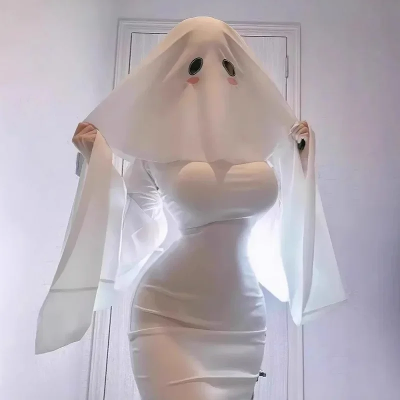 Halloween Ghost Lady Albaricoque Cross Dressing Cosplay de mujer, con dos vestidos largos ajustados de cola de pez blanco y tocados
