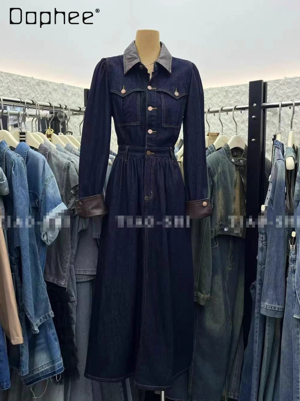 

Fashion Turn-Down Collar Single-Breasted Denim Dress Women Commuting Style Elegant High-Waisted Slimming Mid-Length A-Line Dress
