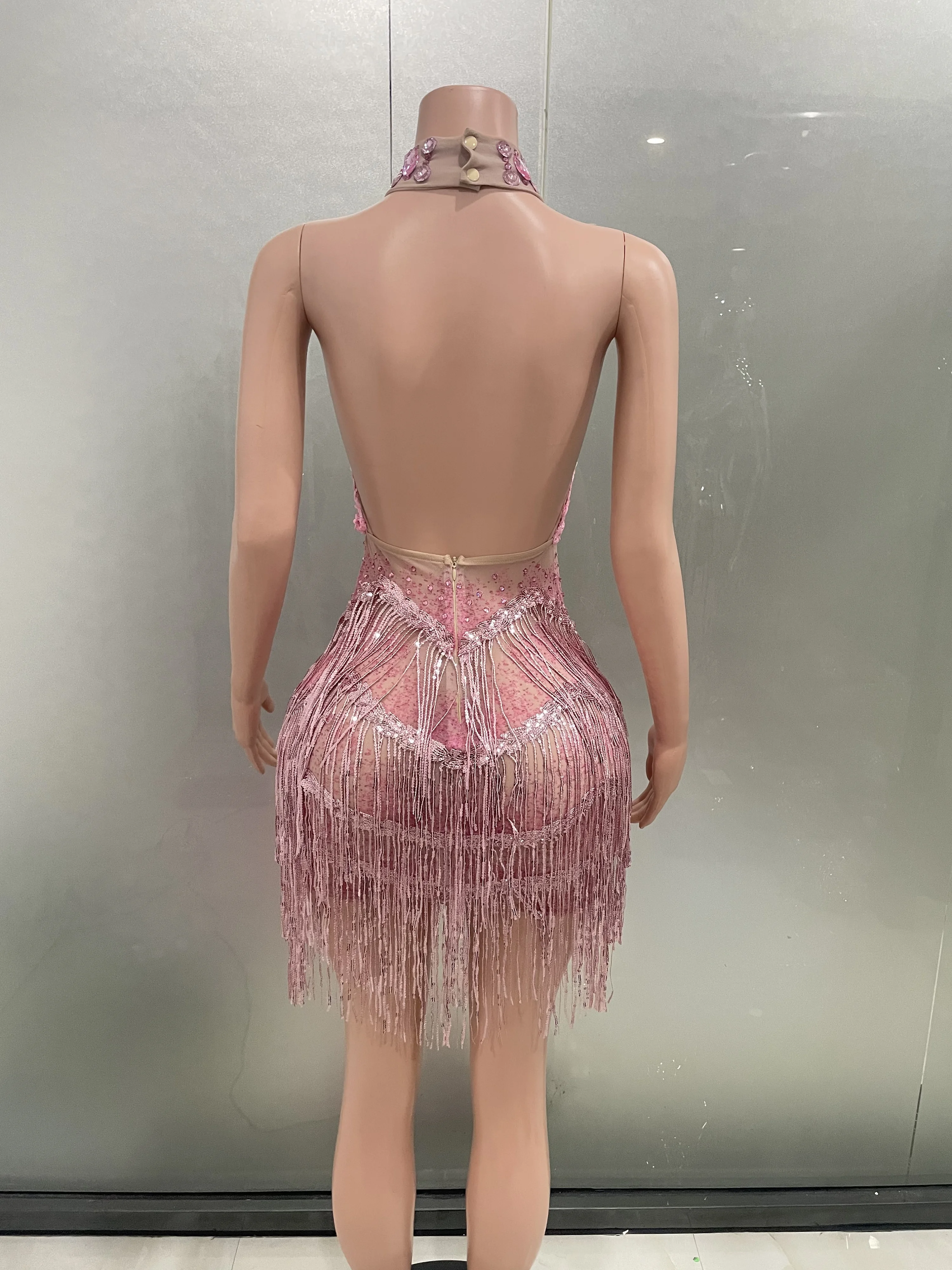 Women Sparkly Rhinestones Tassels Sexy Halter Sheath Mini Dress Evening Party Performance Costume Nightclub Singer Stage Wear