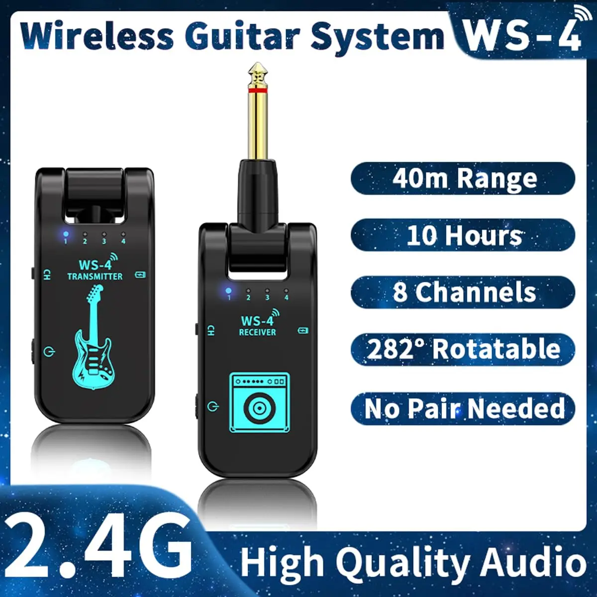 Ws-4 Professional-Grade 8-Channel Guitar Instrument Wireless Transmitter and Receiver System, Signal Transmission for Bass Guitars and Other Instruments, Concerts, Parties, Performances