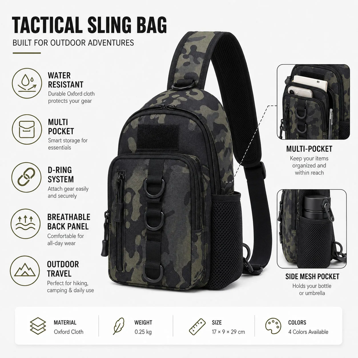 Tactical Crossbody Sling Bag Men Camouflage Oxford Shoulder Chest Pack for Hiking Cycling Fishing Camping Outdoor Travel