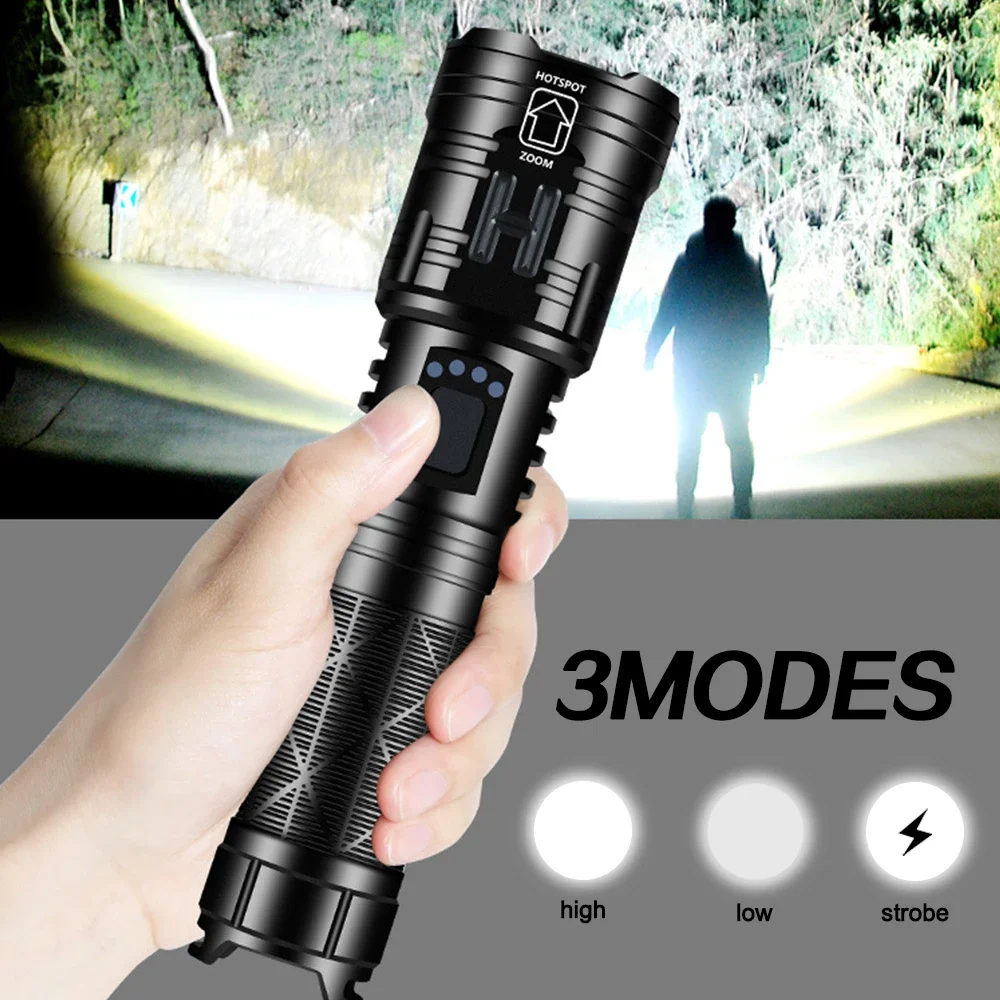 High Lumen P99 LED Flashlight USB C Rechargeable Torch Zoomable 3Mode Outdoor Portable Camping Light Emergency Power Bank Lamp