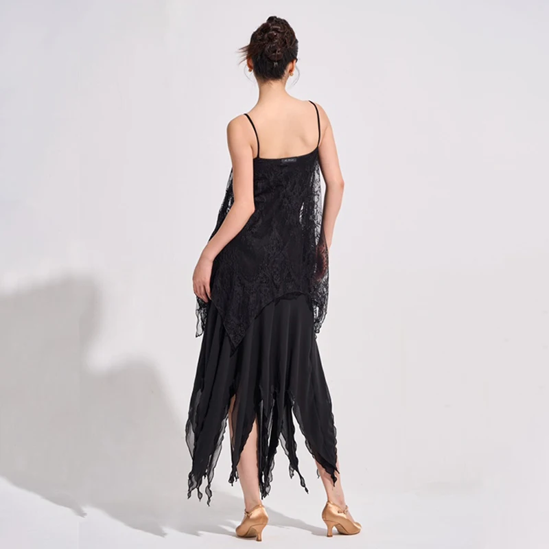 New Latin Ballroom Dance Clothes Women Black Tops Irregular Mesh Skirt Waltz Dancing Performance Costume Practice Wear  DNV24518