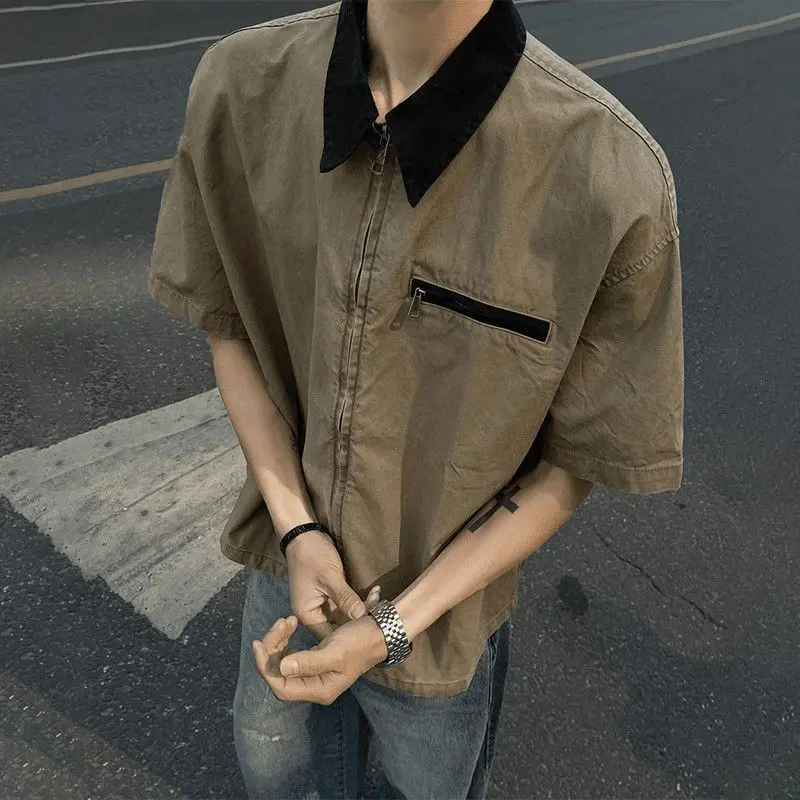 

Summer Zippered Short-sleeved Shirt New Lapel Loose Cargo Casual T-shirt