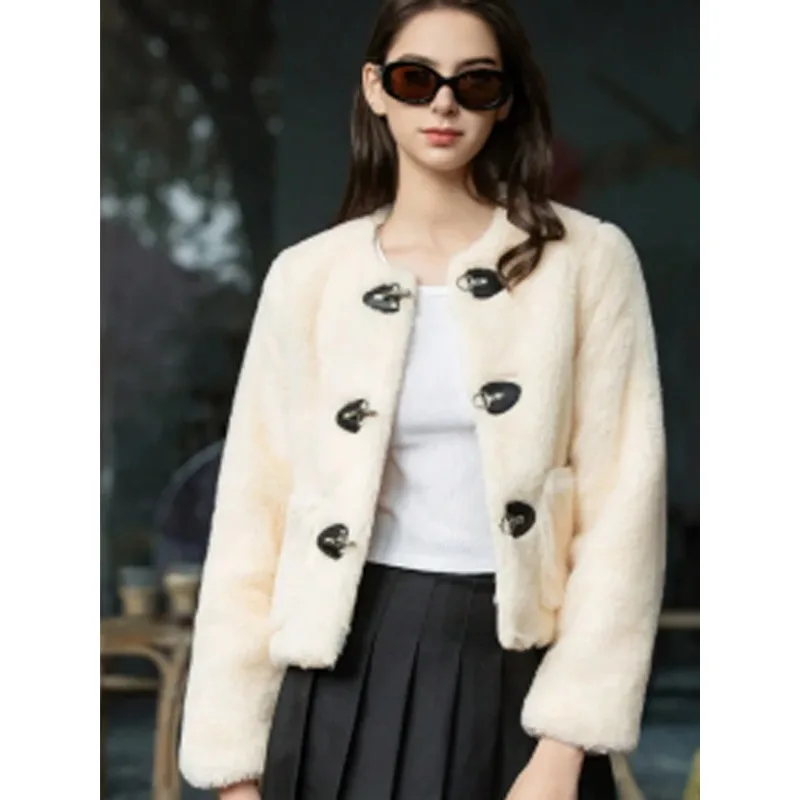2025年 女性用 ベージュ カジュアル ルーズコート ファッション レディース 冬 フェイクファー 厚手 暖かい ラムウール オックスホーンバックル ジャケット コート ストリート アウター