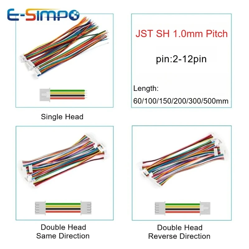 10PCS JST SH1.0 SH 1.0mm Single/Double Connector 6/10/15/20/30/50cm 28AWG 2/3/4/6/7/8/9/10Pin Same/Reverse Electronic Wire Cable