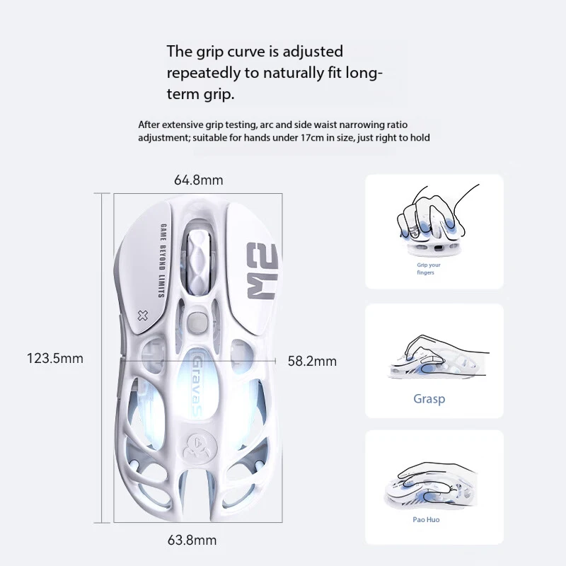 GravaStar Mercury M2- Opaline White Mouse Wireless/Wired Bluetooth Gaming Home 29 Hole Magnesium Alloy Lightweight Hollow 3395 E