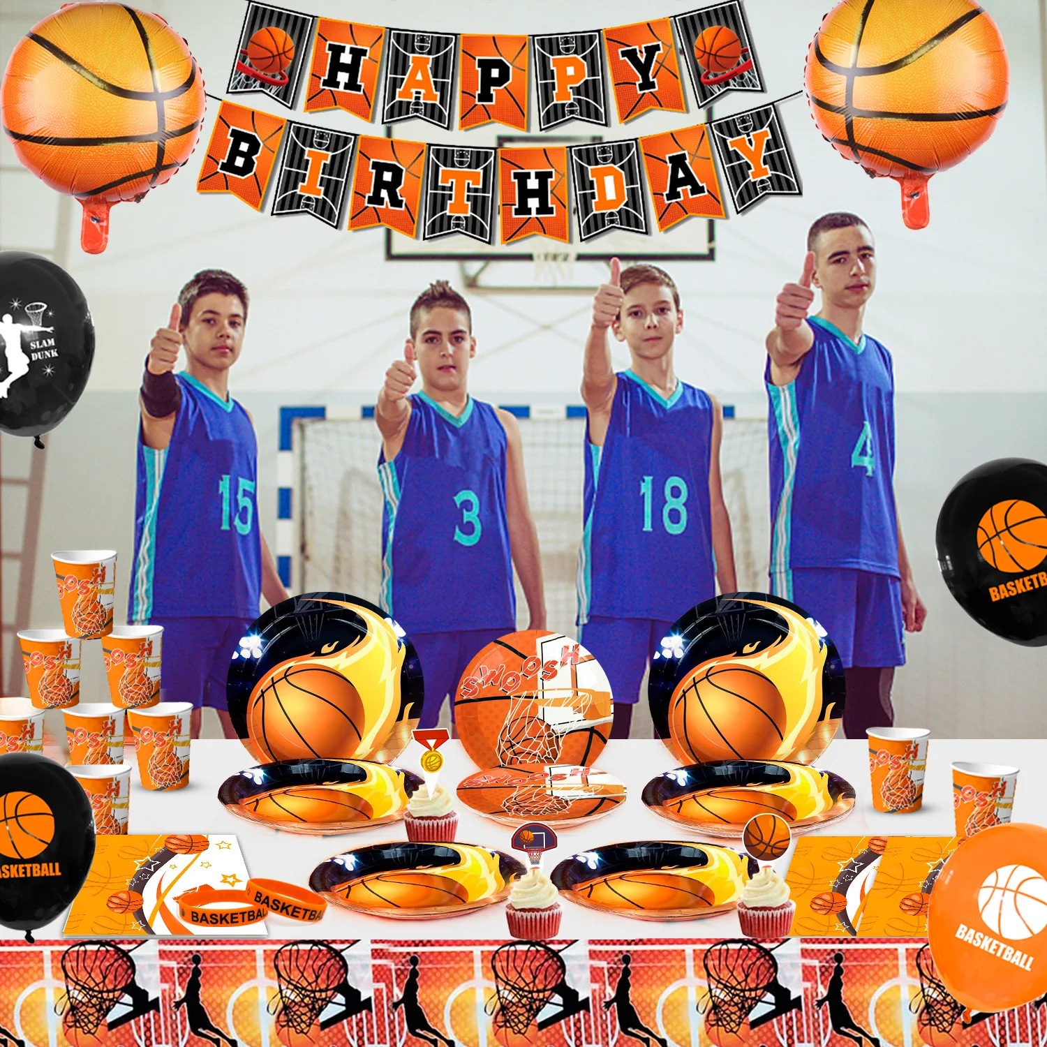 Basketbal verjaardagsdecoraties, 98 stuks basketbal feestartikelen en decoraties set - ballonnen banner tafelkleed platen ect