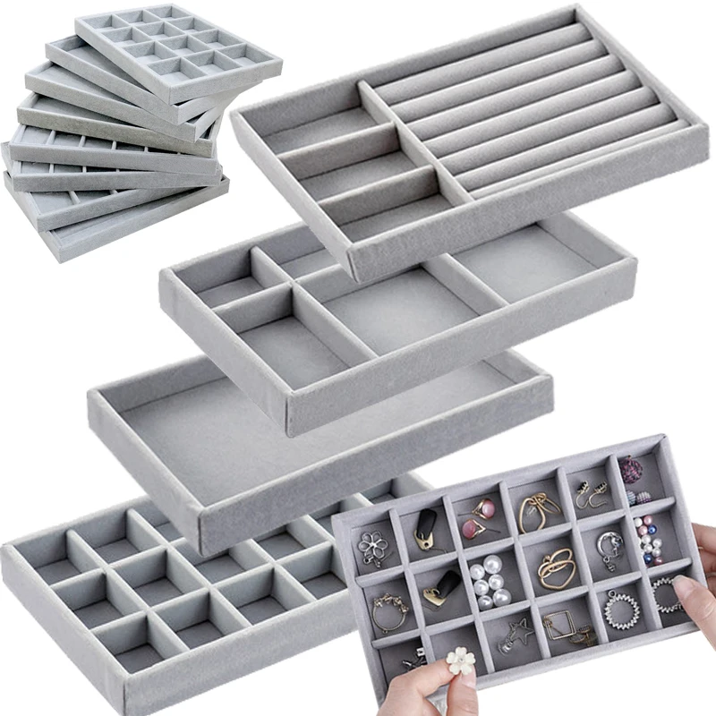 Velvet Jewelry Display Tray Stackable Grid Design Storage Box Portable Organizer Rings Earrings Rectangular Drawer Storage Plate