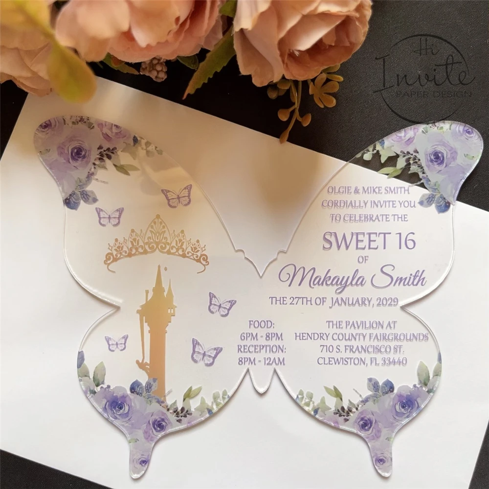 

Lavender Pumpkin Carriage Quinceañera Acrylic Invite, Light Purple Cinderella Birthday Invitation, Floral Fancy Bat Mitzvah Card