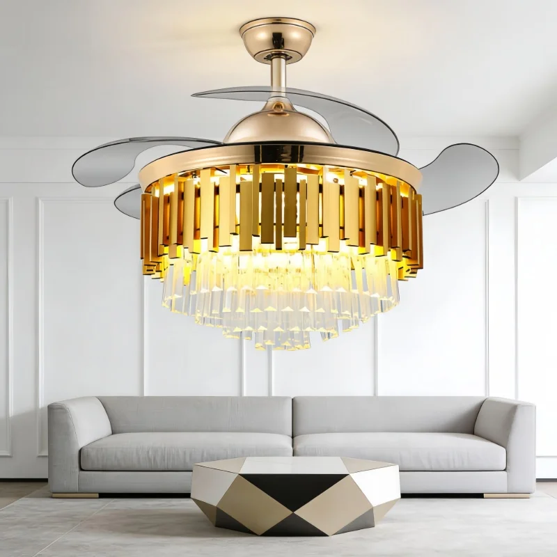 Modern Luxury Crystal Ceiling Fan Light with Remote Control 42/48 Inch LED Chandelier Retractable Blades for Bedroom Home Indoor