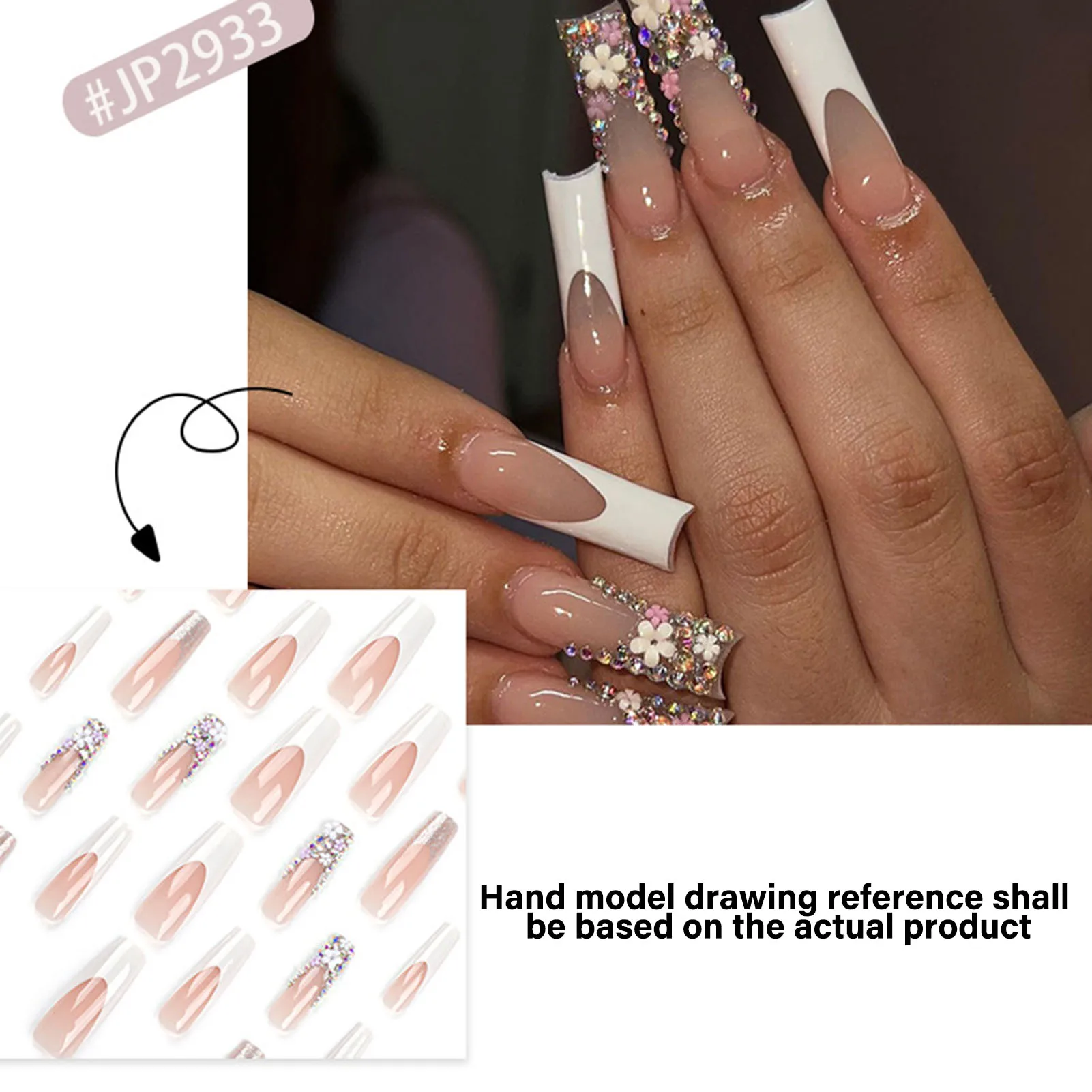 Long Coffin Fake Nails White French Tip Press on Nails 3D Flower Rhinestone Designs Ballerina Charm Manicure Wearable False Nail