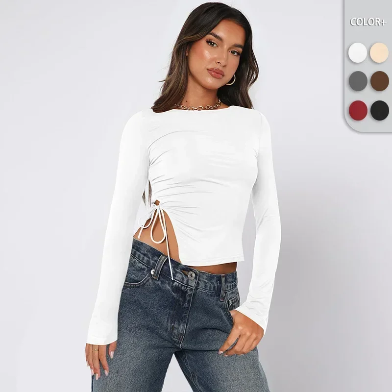 

Sexy Long Sleeve Shirts for Women Slash Neck Irregular Hem Slim Fitted Cute Going Out Tops Y2K Shirt Fall Outfits Basic Tee