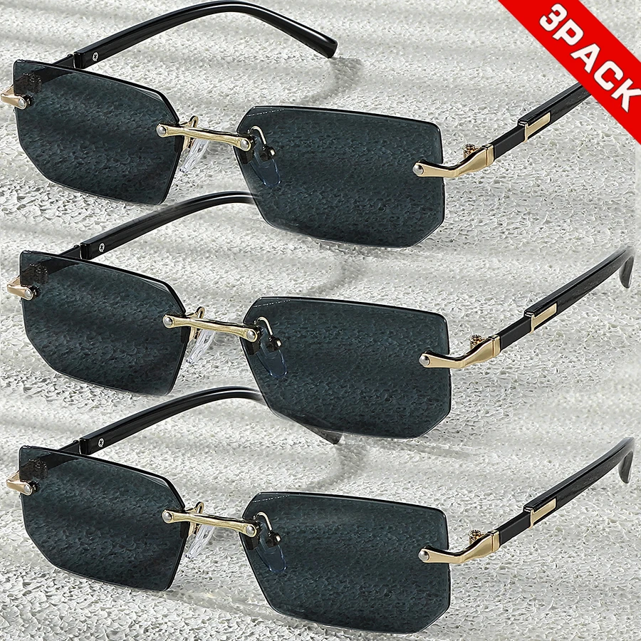 3-teiliges randloses rechteckiges Sonnenbrillen-Set – Metallrahmen, UV400-Schutz, modisch für Männer und Frauen, perfekt für Street Snap