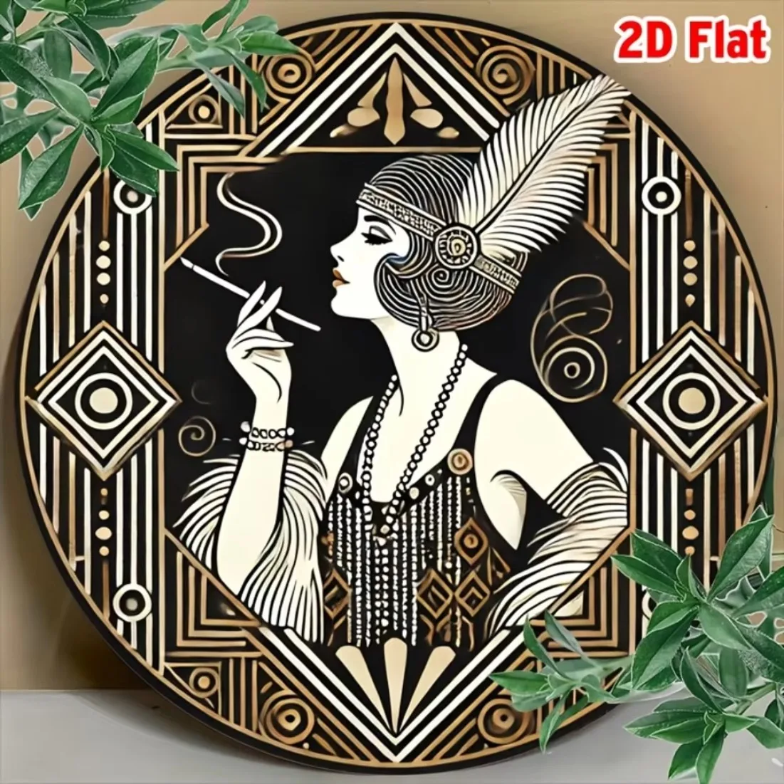 1920s Gatsby Flapper Round Metal Wall Art, 8 Inch Vintage Plate with Feather Jazz Pattern, Wall Decor for Home, Bar & Cafe.